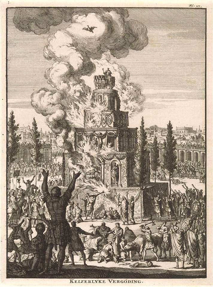 Romeinen rondom een reusachtige brandstapel waar een adelaar vanuit de vlammen opstijgt