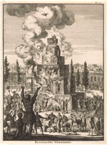Romeinen rondom een reusachtige brandstapel waar een adelaar vanuit de vlammen opstijgt