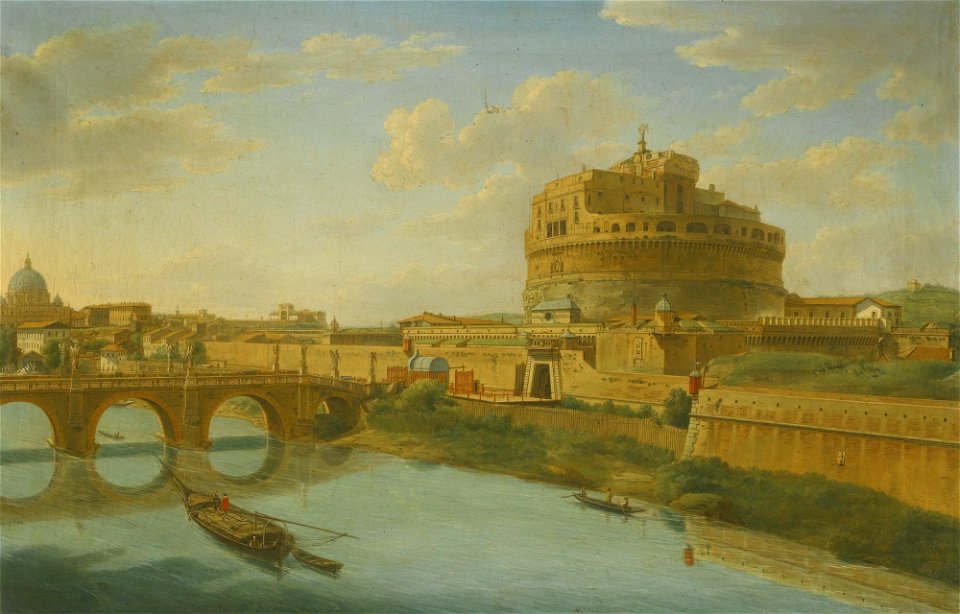 Rome, a view of the Tiber, Castel Sant'Angelo, Ponte Sant'Angleo, Saint Peter's Basilica (by Hendrik Frans van Lint)