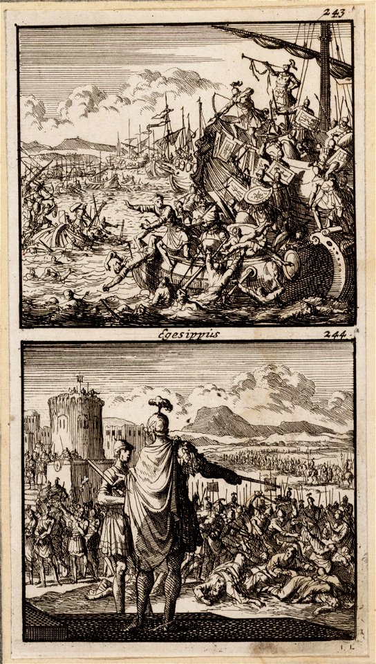 Romeinen leveren strijd op de Zee van Tiberias, Vespasianus beveelt de gevangen Joden te doden, objectnr A 48182
