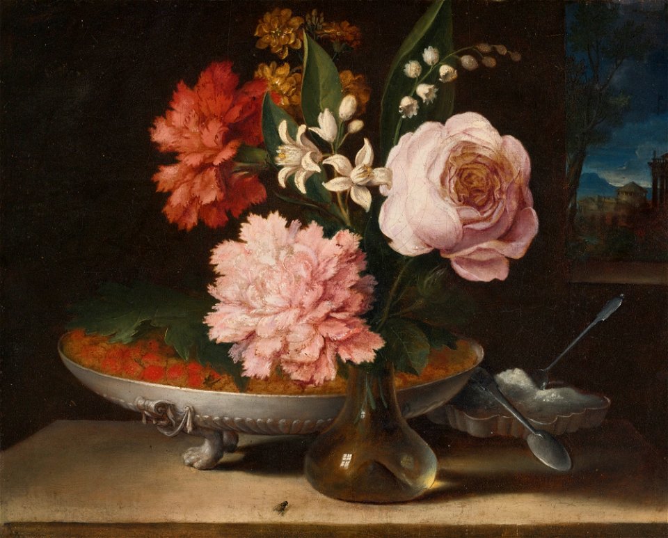 Roman School, 18th Century Still Life with a Glass Vase of Flowers and a Bowl of Strawberries