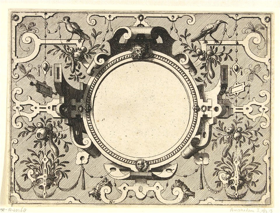 Ronde cartouche omgeven door rolwerk met guirlandes en vruchtentrossen