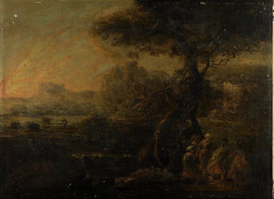 Romantic landscape with travellers around a camp fire