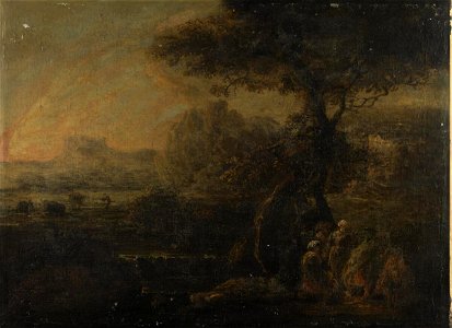 Romantic landscape with travellers around a camp fire