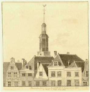 Roomsche torn - en op de markt uit de kamer van v. hove te zien, te Delft Aug. 1833, Balthasar Jooss, SA Delft, inv.nr. 68480