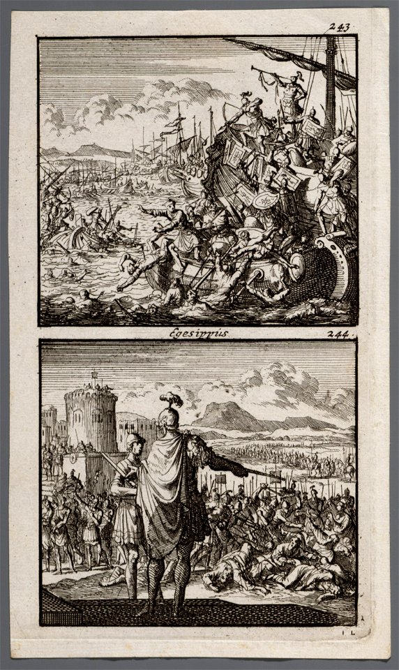 Romeinen leveren strijd op de Zee van Tiberias, Vespasianus beveelt de gevangen Joden te doden, objectnr A 48115