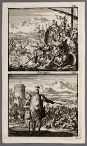 Romeinen leveren strijd op de Zee van Tiberias, Vespasianus beveelt de gevangen Joden te doden, objectnr A 48115