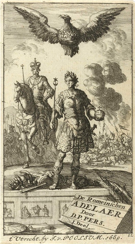 Romeinse keizer met scepter en wereldbol, boven hem vliegt een adelaar met een kroon in de klauwen