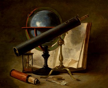 Still life with telescopes and an astrolabe, an hour glass, a book and a quill by Philippe Rousseau. Free illustration for personal and commercial use.