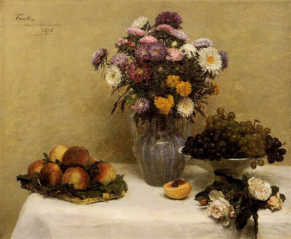Roses Grapes Tablecloth by Fantin-Latour
