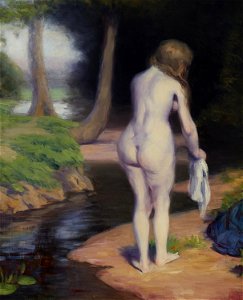 Nude Woman Bathing in a Forest Landscape by Ernest Rouart, 1922
