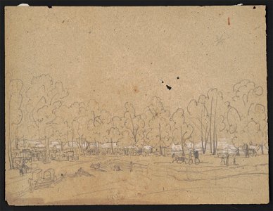 Rough sketch of a gathering in the woods with carts and wagons and many cabins or tents beneath the trees LCCN2016648690