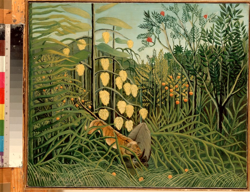 Rousseau, Henri - In a Tropical Forest. Struggle between Tiger and Bull. Free illustration for personal and commercial use.