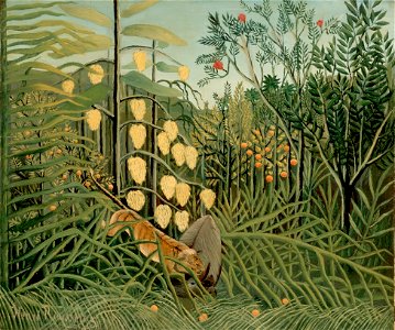 Rousseau, Henri - In a Tropical Forest. Struggle between Tiger and Bull. Free illustration for personal and commercial use.