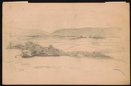 Rough sketch of landscape with hills, fields, trees, and the roof of a house LCCN2016645604