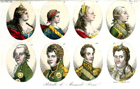 Royalty of Russia, House of Romanov, Anna, Ivan, Elisabetta, Pietro III, Caterina II, Paolo I, Alessandro I, Nicola I, Illustration for Il costume antico e moderno by Giulio Ferrario Europa Vol VII pt 2 1831 (18). Free illustration for personal and commercial use.