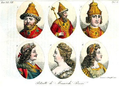 Royalty of Russia, House of Romanov, Mikail, Alessi I, Fedor II, Pietro il Grande, Caterina I, Pietro II, Illustration for Il costume antico e moderno by Giulio Ferrario Europa Vol VII pt 2 1831 (17). Free illustration for personal and commercial use.