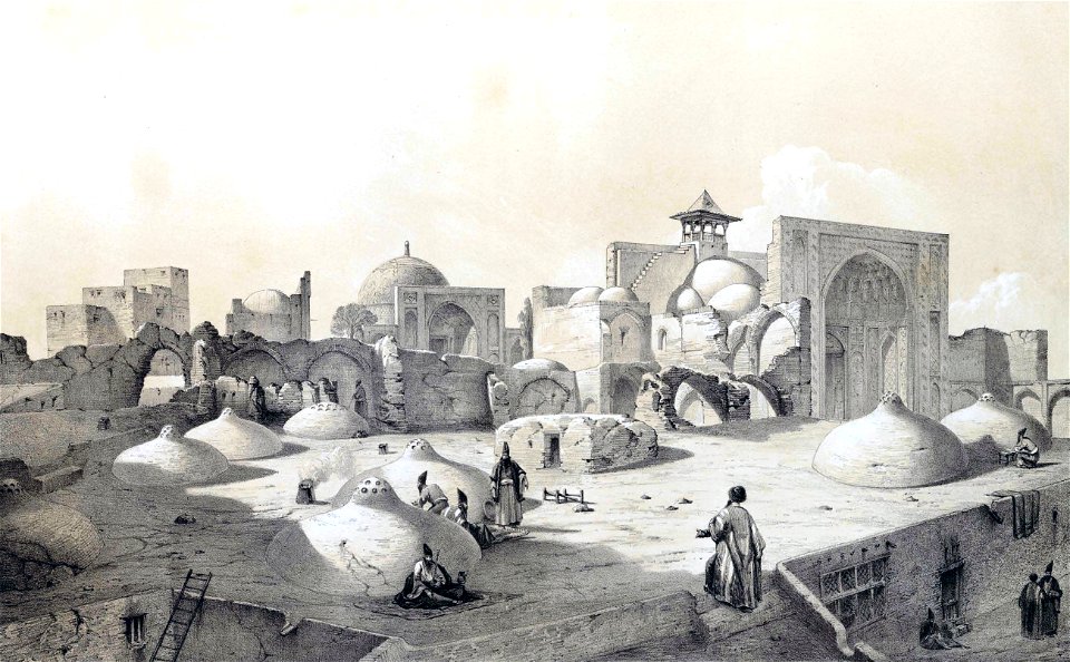 Royal Mosque and terraces of houses, Qazvin by Eugène Flandin
