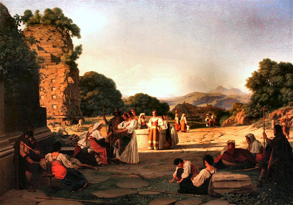 Route from Rome to Naples, Rest of pilgrims and women coming to draw water (unknown date) - Guillaume Bodinier