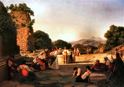 Route from Rome to Naples, Rest of pilgrims and women coming to draw water (unknown date) - Guillaume Bodinier