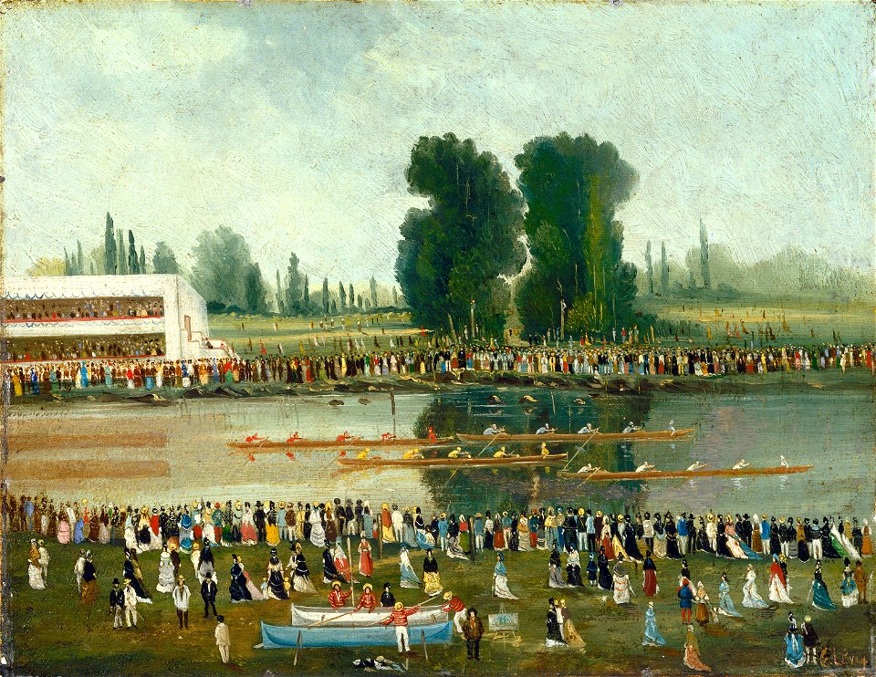 Rowing Scene Crowds Watching from the River Banks G-002676