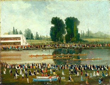 Rowing Scene Crowds Watching from the River Banks G-002676