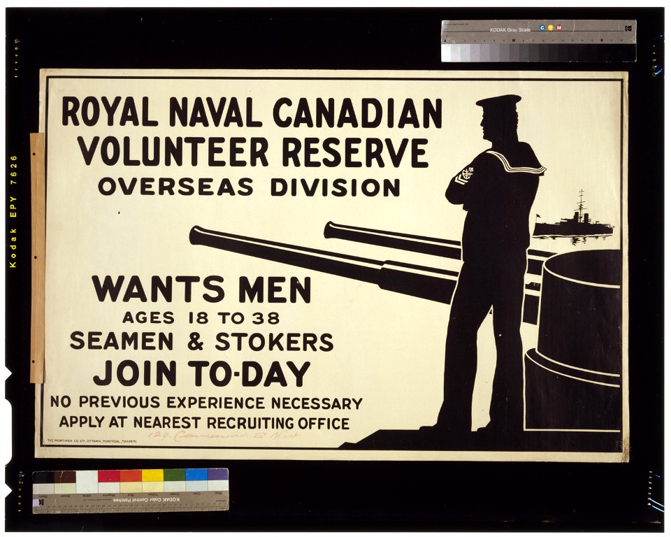 Royal Naval Canadian Volunteer Reserve Overseas Division wants men ages 18 to 38. Seamen & stokers. Join to-day LCCN2005695755