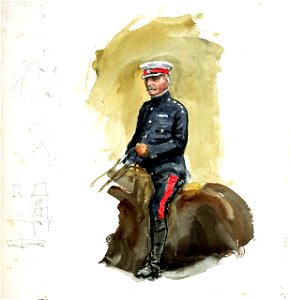 Royal Marine officer on horseback, with rough sketches of horses and a sailing ship RMG PU9980