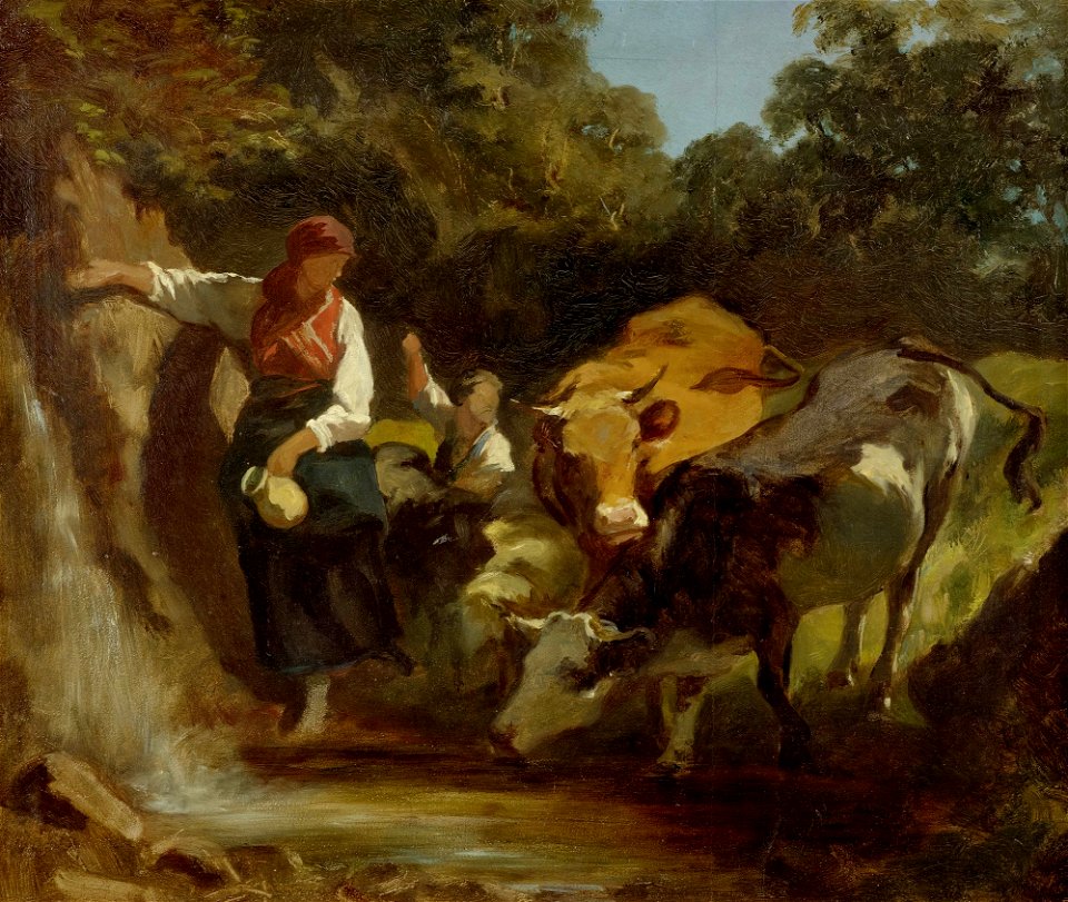 Rudolf Koller Änni am Brunnen mit Kühen