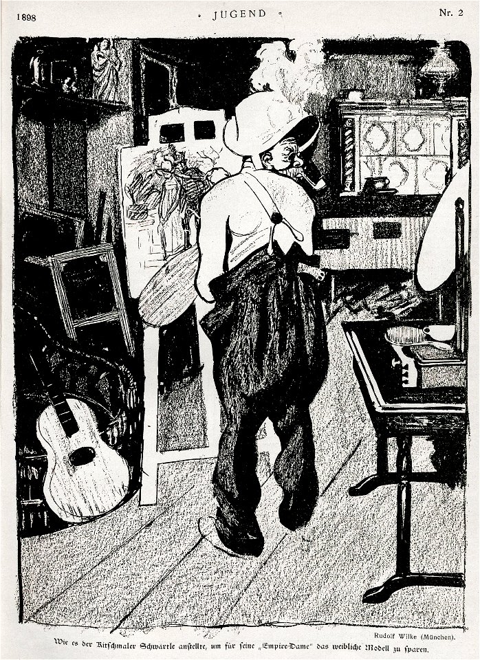Rudolf Wilke - Wie es der Kitschmaler Schwärtle anstellte, um für seine 'Empire-Dame' das weibliche Modell zu sparen, 1898