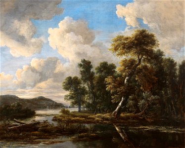 Ruisdael-River landscape with wooded banks. Free illustration for personal and commercial use.