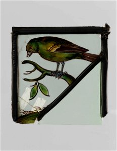 Ruit met vogel op tak waaraan twee kersen