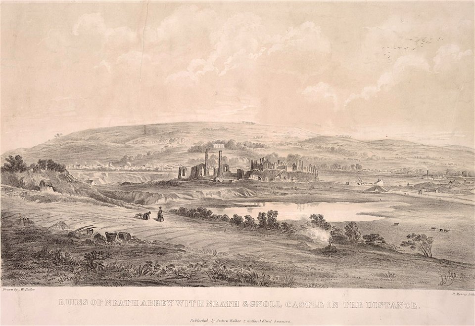 Ruins of Neath Abbey with Neath & Gnoll castle in the distance