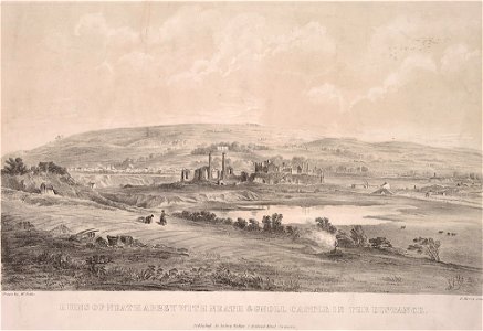 Ruins of Neath Abbey with Neath & Gnoll castle in the distance