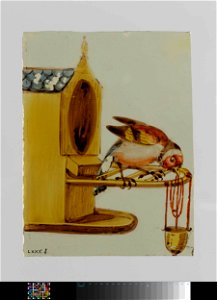 Ruit met een vogel en vogelhuisje met voederbak. Free illustration for personal and commercial use.