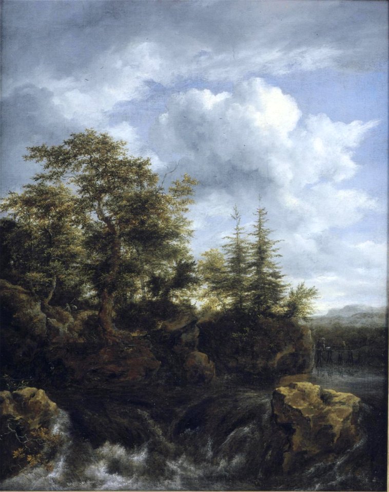Jacob van Ruisdael - A wooded river landscape with a waterfall and travellers on a bridge d3866755x