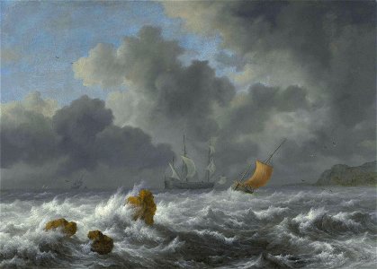 Jacob van Ruisdael - Sailing vessels in a stormy sea near a rocky coast