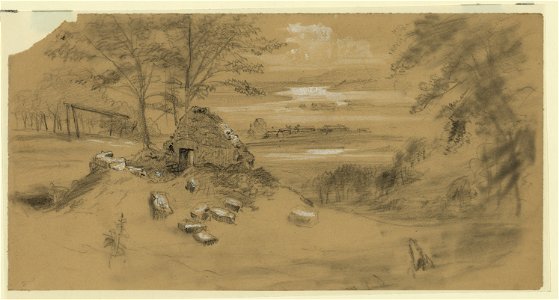Ruined dwelling, town in distance LCCN2004660116