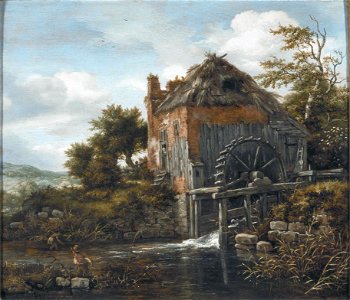 Jacob van Ruisdael - Water mill near a farm. Free illustration for personal and commercial use.