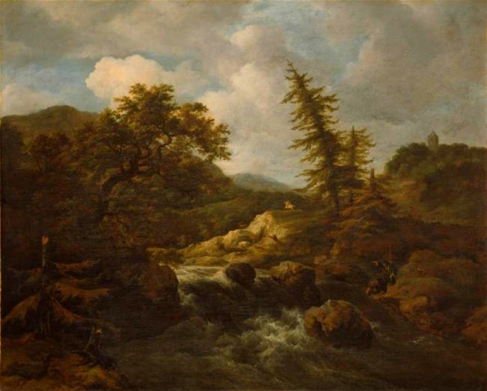 Jacob van Ruisdael en mogelijk Johannes Lingelbach en-of Nicolaes Berchem - Berglandschap met waterval en jagers - 107 - Staatliches Museum Schwerin