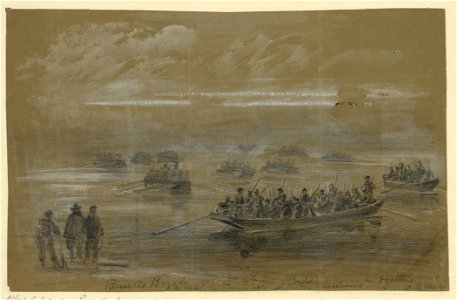 Russells Brigade, 1st div. 6th Army Corps, crossing in Pontoons to storm the enemies rifle pits on the Rappahannock LCCN2004660336