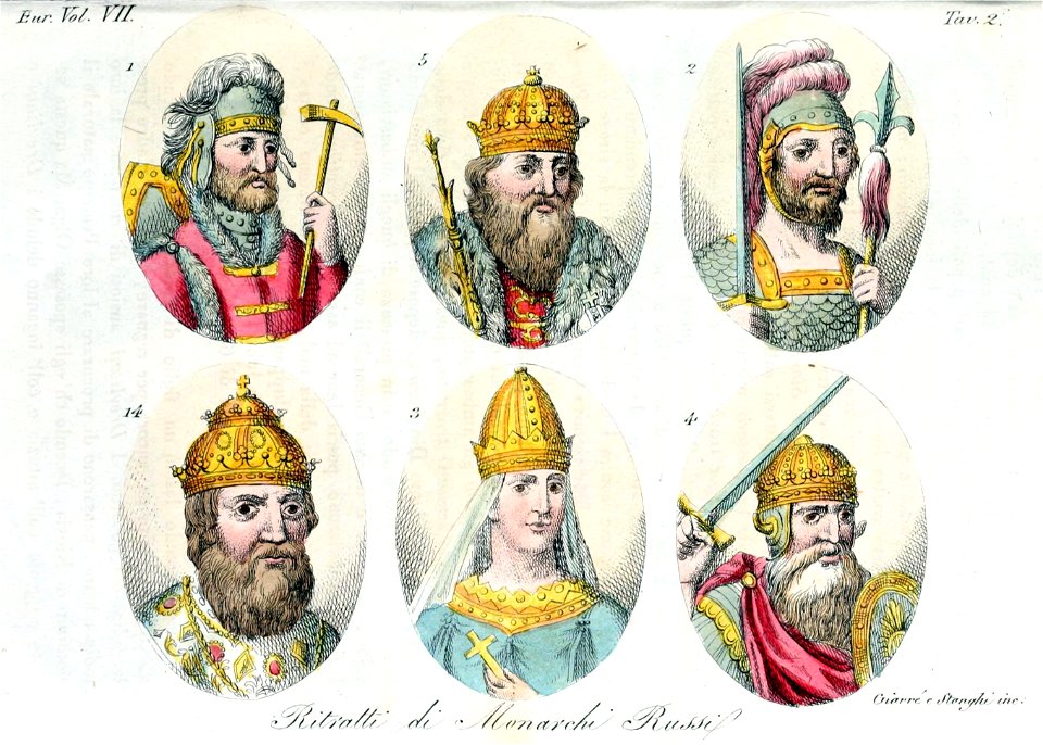 Rurik, Igor, Olga, Sviatoslaf, Volodomiro, Ivan IV, Monarchs of Russia, Illustration for Il costume antico e moderno by Giulio Ferrario Europa Vol VII pt 2 1831 (14)