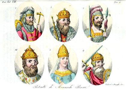 Rurik, Igor, Olga, Sviatoslaf, Volodomiro, Ivan IV, Monarchs of Russia, Illustration for Il costume antico e moderno by Giulio Ferrario Europa Vol VII pt 2 1831 (14). Free illustration for personal and commercial use.