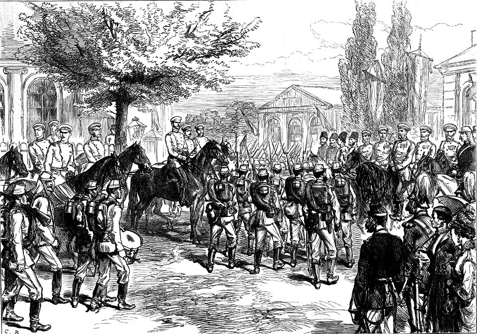 Russian troops marching past the Emperor Alexander II and the Grand Duke Nicholas at Ploesti
