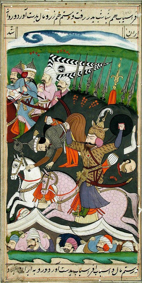 Rustam lifts Afrasiab from his saddle by his belt (6124549855)
