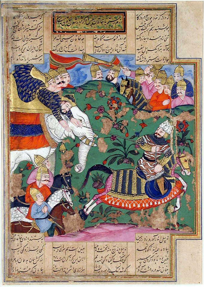 Rustam lassoes the Khaqan of chin from the back of his elephant (6124528639)