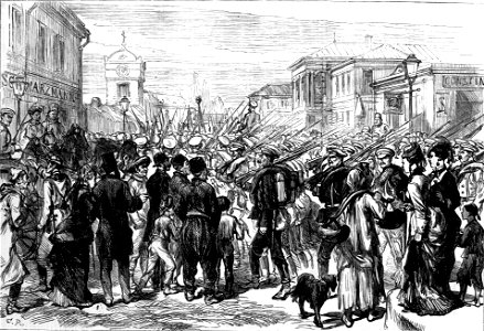 Russian Army in Bucharest, The Illustrated London News, 1877. Free illustration for personal and commercial use.