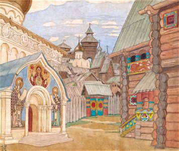 Russian village by I.Bilibin (1930, priv.coll). Free illustration for personal and commercial use.