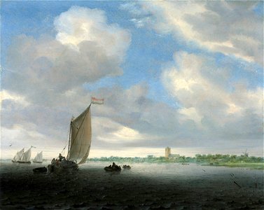 Salomon van Ruysdael - River landscape with a wijdship and other vessels. Free illustration for personal and commercial use.