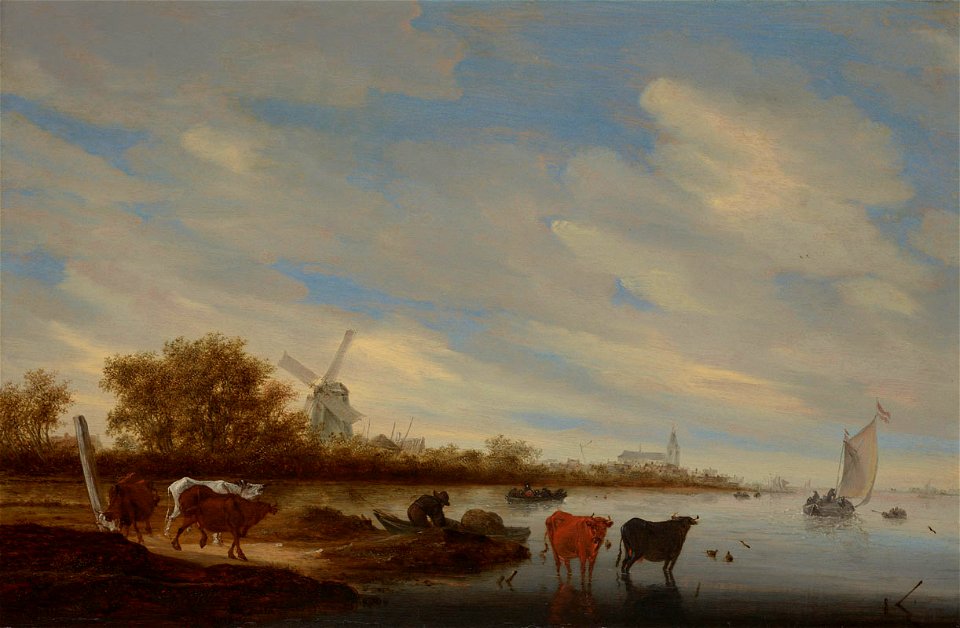Flusslandschaft mit Kühen und Windmühle by Salomon van Ruysdael